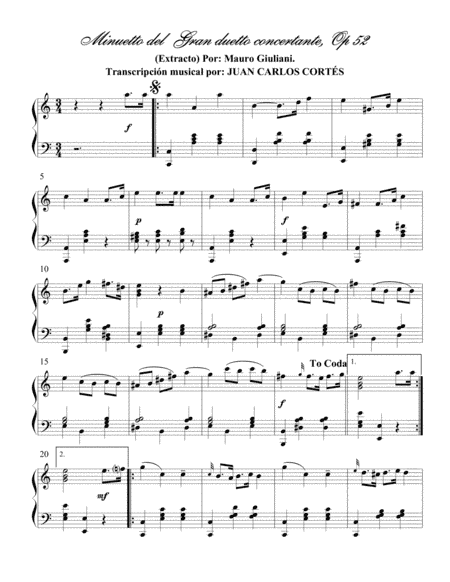 Minuetto del Gran Duetto Concertante Opus 52 por Mauro Giuliani (arr. Juan Carlos Cortés A.)