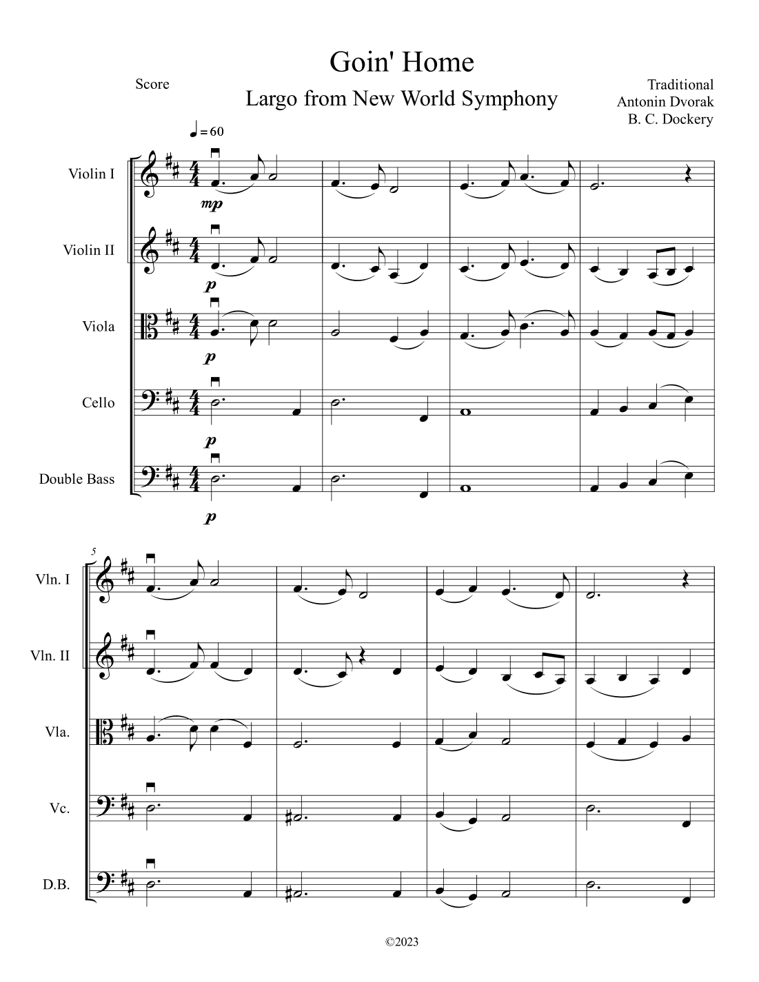Goin' Home - Largo from New World Symphony (String Quintet or Orchestra) (arr. B. C. Dockery)