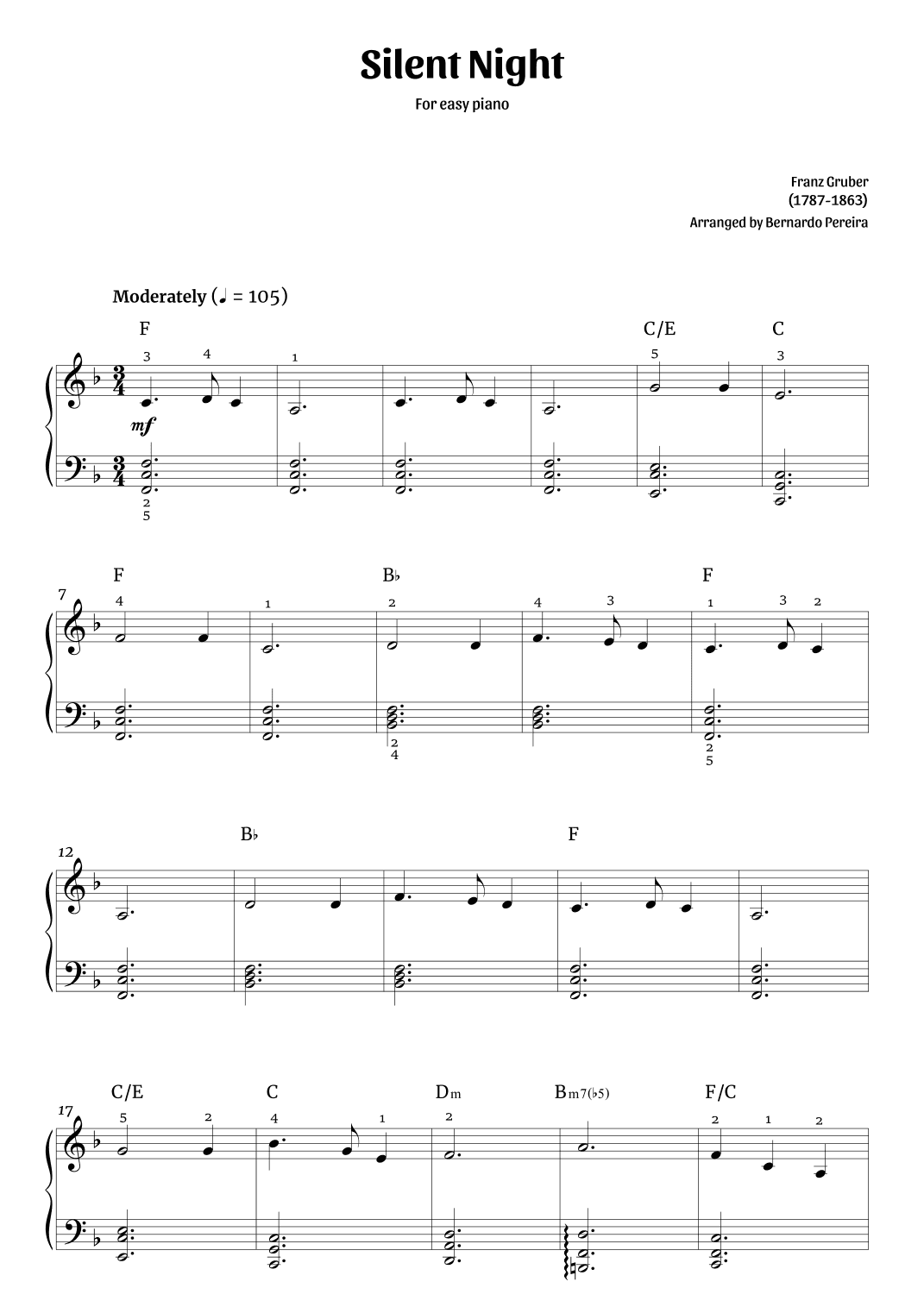 Silent Night (easy piano in F major – with chords) (arr. Bernardo Pereira)