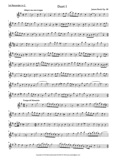 James Hook, 6 Duetts op. 58 for 2 Recorders in C 1st part (arr. B. Brennan)