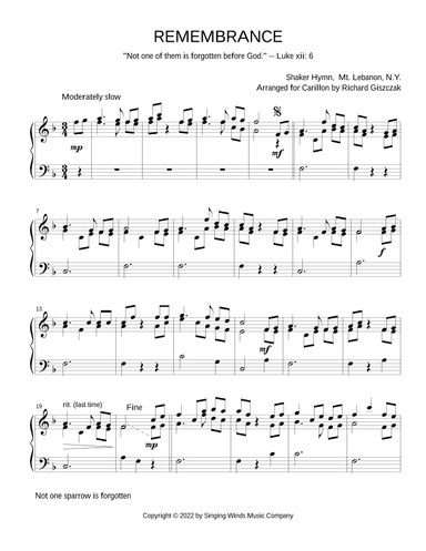 REMEMBRANCE -- Not one sparrow is forgotten  (Shaker hymn) (arr. Richard Giszczak)