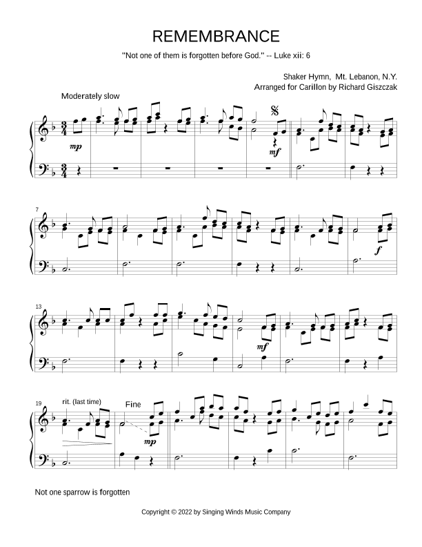 REMEMBRANCE -- Not one sparrow is forgotten  (Shaker hymn) (arr. Richard Giszczak)