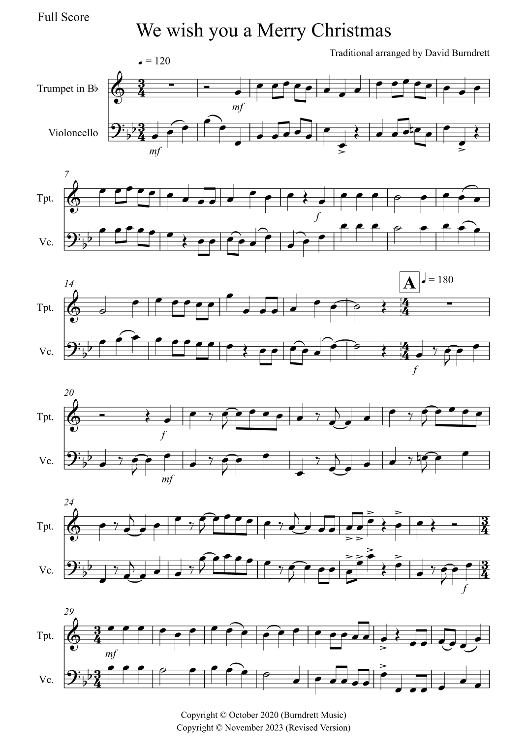 We Wish You a Merry Christmas for Trumpet and Cello Duet (arr. David Burndrett)