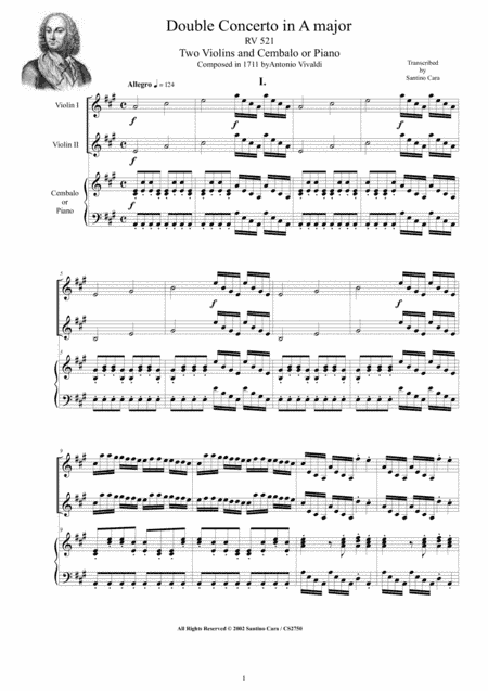Vivaldi - Double Concerto in A major RV 521 for Two Violins and Cembalo or Piano (arr. Santino Cara)