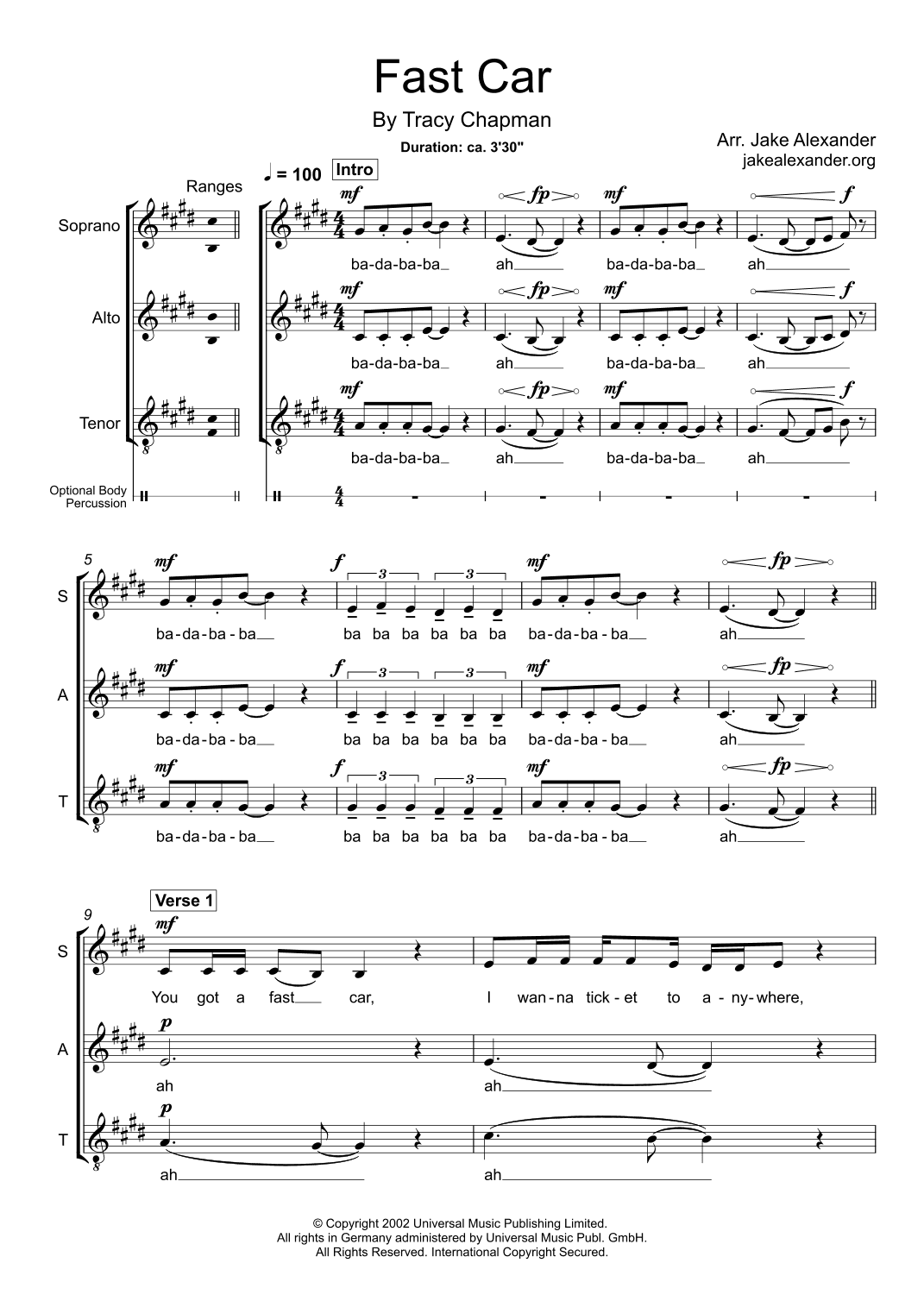 Fast Car (arr. Jake Alexander)