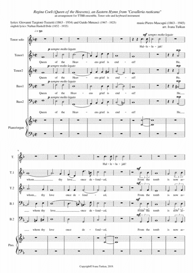 Queen of the Heavens (Regina Coeli), F major, TTBB, Tenor solo, piano/organ, reduced version (arr. Ivana Tuskan)