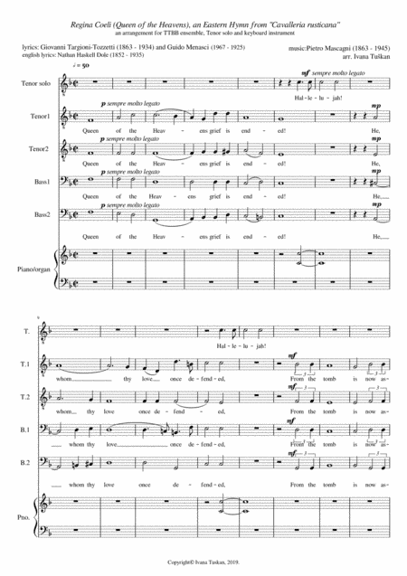 Queen of the Heavens (Regina Coeli), F major, TTBB, Tenor solo, piano/organ, reduced version (arr. Ivana Tuskan)