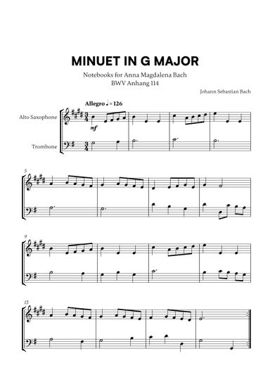Minuet in G Major (BWV Anh. 114) (for Alto Sax and Trombone) (arr. Cadenza Editions)