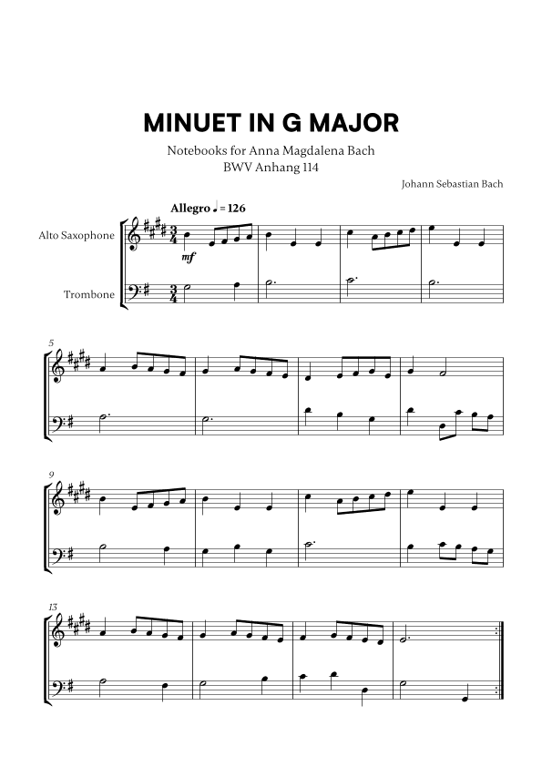 Minuet in G Major (BWV Anh. 114) (for Alto Sax and Trombone) (arr. Cadenza Editions)