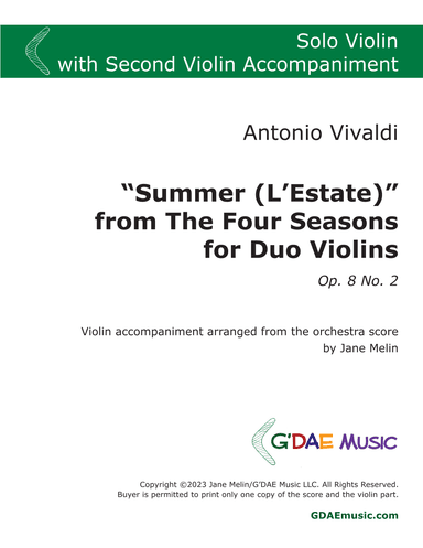 Vivaldi - "Summer" Violin Concerto in G minor Op. 8 No. 2 - with Second Violin Accompaniment (arr. Jane Melin)