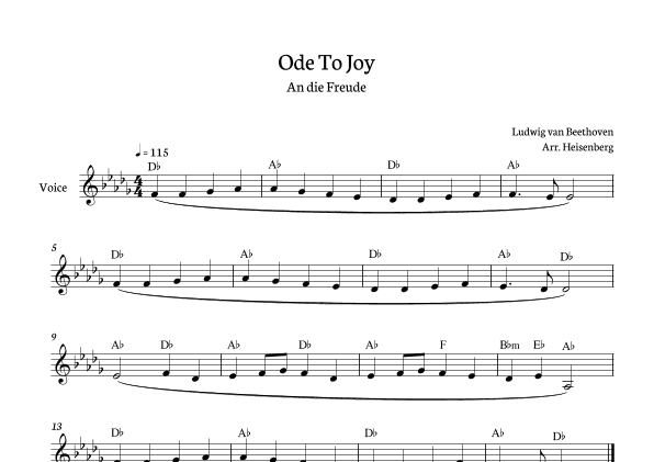 Beethoven - Ode To Joy for voice with chords in Db  (Lyrics in English) (arr. Heisenberg)