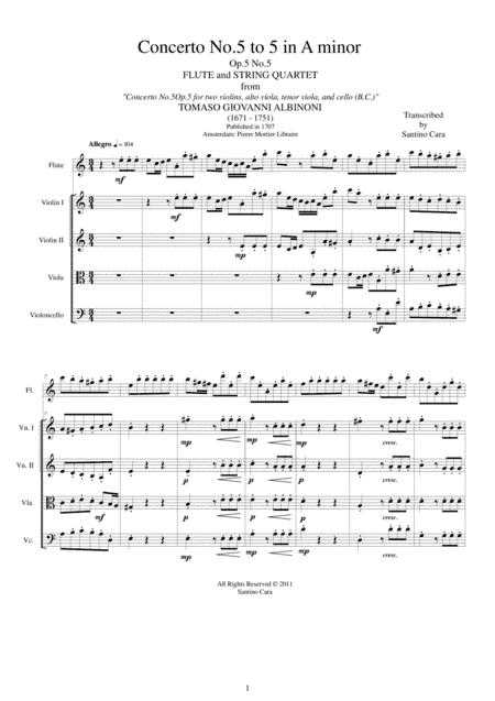 Albinoni - Concerto No.5 to 5 in A minor Op.5 for Flute and String Quartet (arr. Santino Cara)