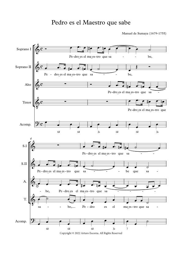 Pedro es el maestro que sabe - Villancico a 4 a N.P. Sn. Pedro - Score Only (arr. Arturo Escorza)