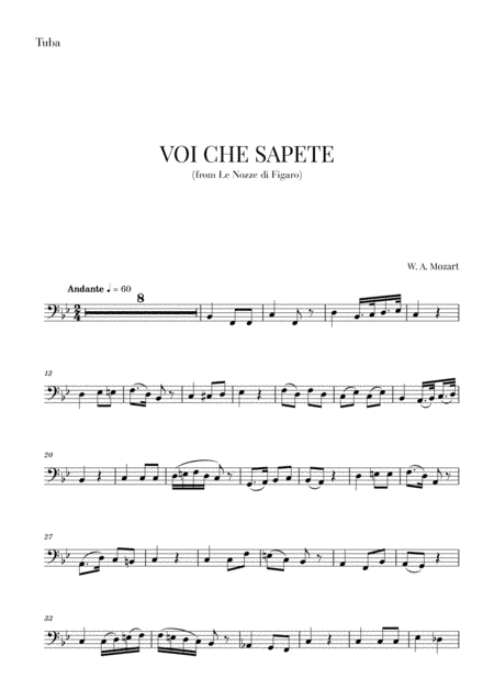 Mozart - Voi Che Sapete (for Tuba) (arr. Cadenza Editions)