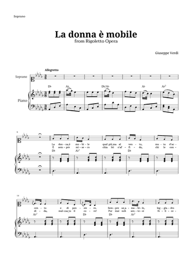 La donna è mobile in D-flat major for Soprano and Piano (arr. Langanho)