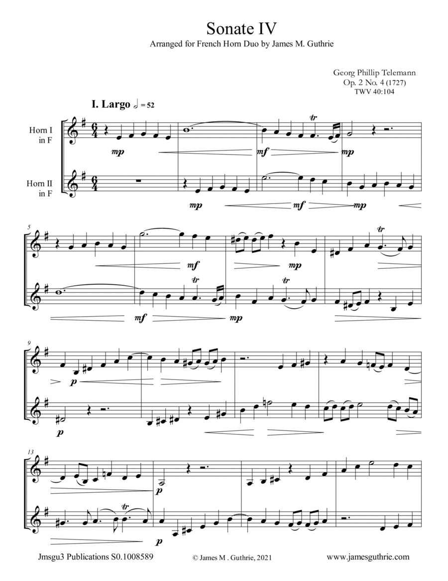 Telemann: Sonata Op. 2 No. 4 for French Horn Duo (arr. James M. Guthrie)