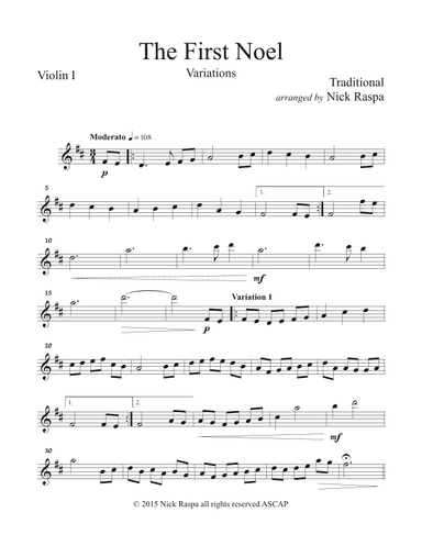 The First Noel (variations for string orchestra) Violin I part (arr. Nick Raspa)