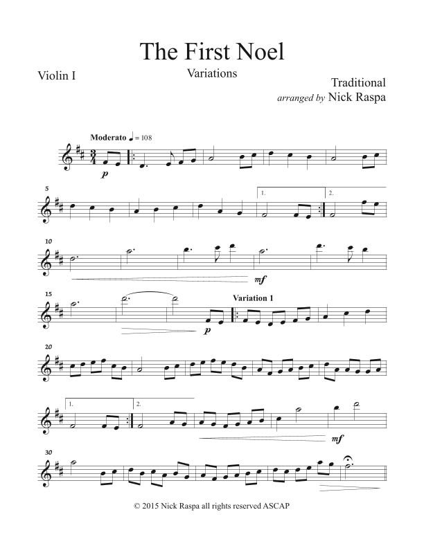 The First Noel (variations for string orchestra) Violin I part (arr. Nick Raspa)