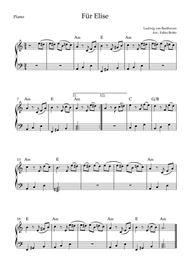 Für Elise (Beethoven) for Piano Solo with Chords (Simplified) (arr. Fabio Britto)