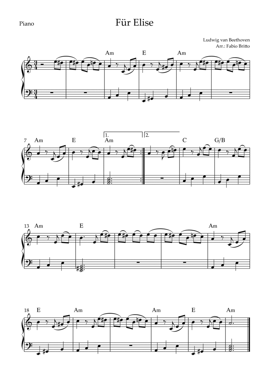 Für Elise (Beethoven) for Piano Solo with Chords (Simplified) (arr. Fabio Britto)