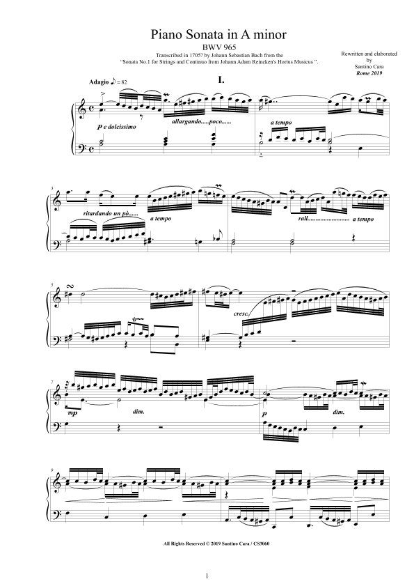 Bach - Piano Sonata in A minor BWV 965 after Reincken - Complete Piano version (arr. Johann Sebastian Bach)
