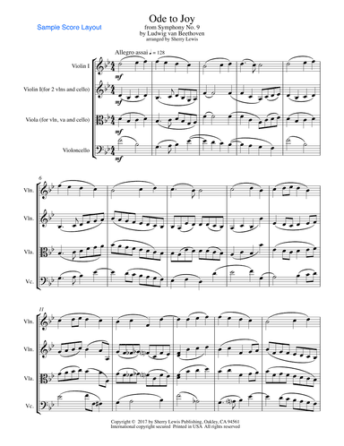 ODE TO JOY, Beethoven, String Trio, Intermediate Level for 2 violins and cello or violin, viola and (arr. Sherry Lewis Publishing)