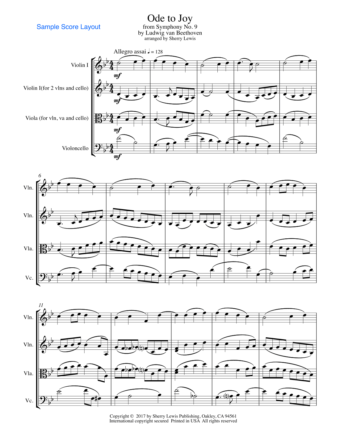 ODE TO JOY, Beethoven, String Trio, Intermediate Level for 2 violins and cello or violin, viola and (arr. Sherry Lewis Publishing)