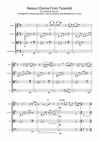 Puccini: Nessun Dorma for String Quartet - Score and parts (arr. Julie Doubleday)