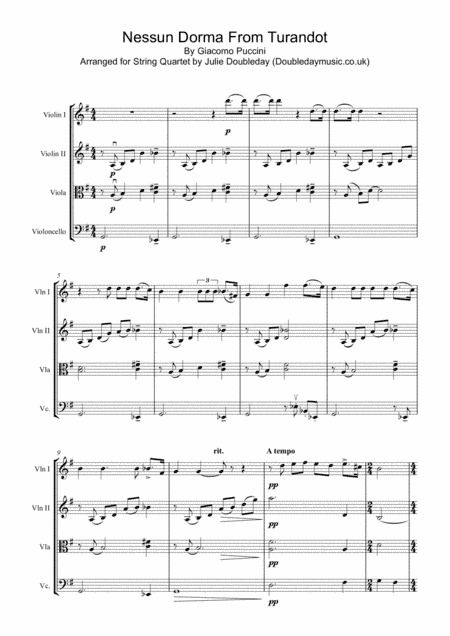 Puccini: Nessun Dorma for String Quartet - Score and parts (arr. Julie Doubleday)