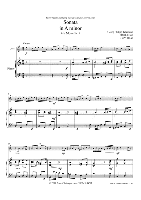 Telemann Sonata in A Minor TWV 41:a3, 4th Movement - Oboe and Piano (arr. Anne L Christopherson GRSM ARCM)