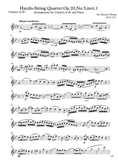 Haydn-String Quartet,Op.20,No.5,mvt.1(for clarinet in B-flat and piano)[Clarinet Part only] (arr. Schuwenn Z.)