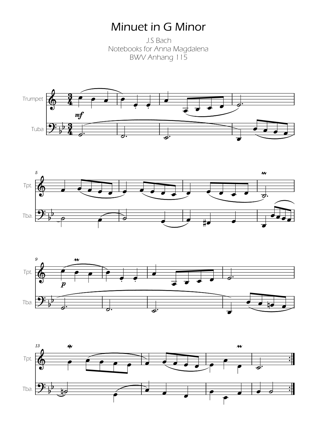 Minuet in G minor BWV Anh. 115 - Bach - Trumpet and Tuba (arr. Ygor Nunes)