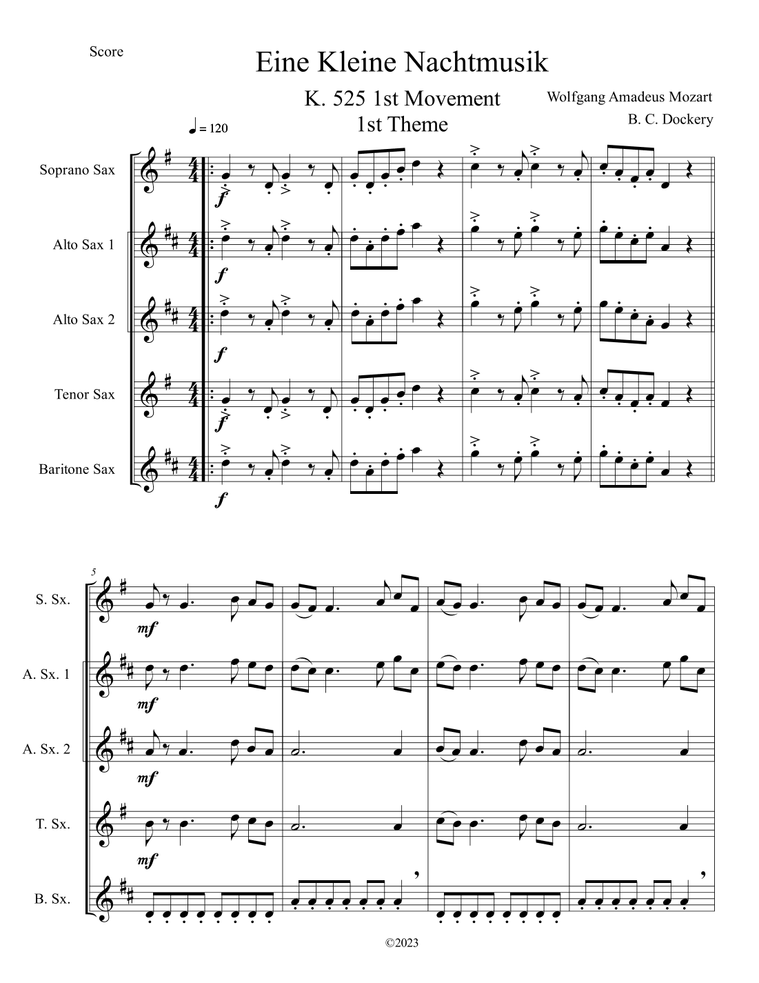 Eine Kleine Nachtmusik (A Little Night Music) for Saxophone Quintet (arr. B. C. Dockery)
