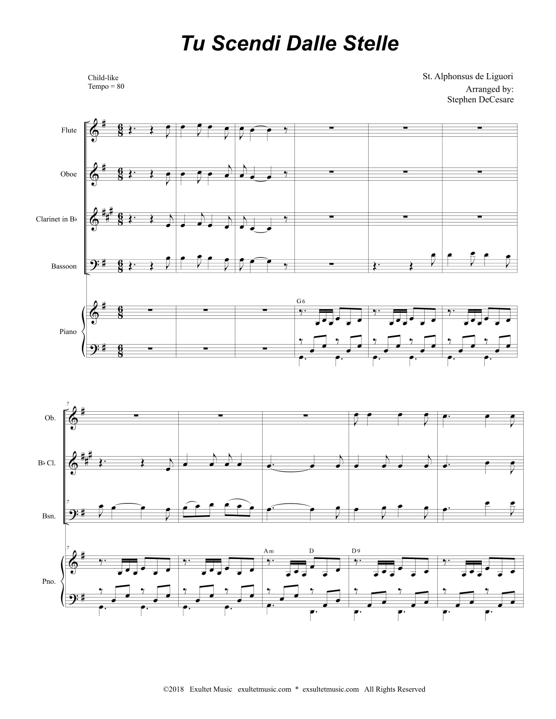 Tu Scendi Dalle Stelle (Woodwind Quartet and Piano) (arr. Stephen DeCesare)