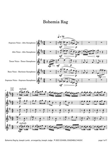 Bohemia Rag by Joseph Lamb for Saxophone Quartet in Schools (arr. Joseph Judge)