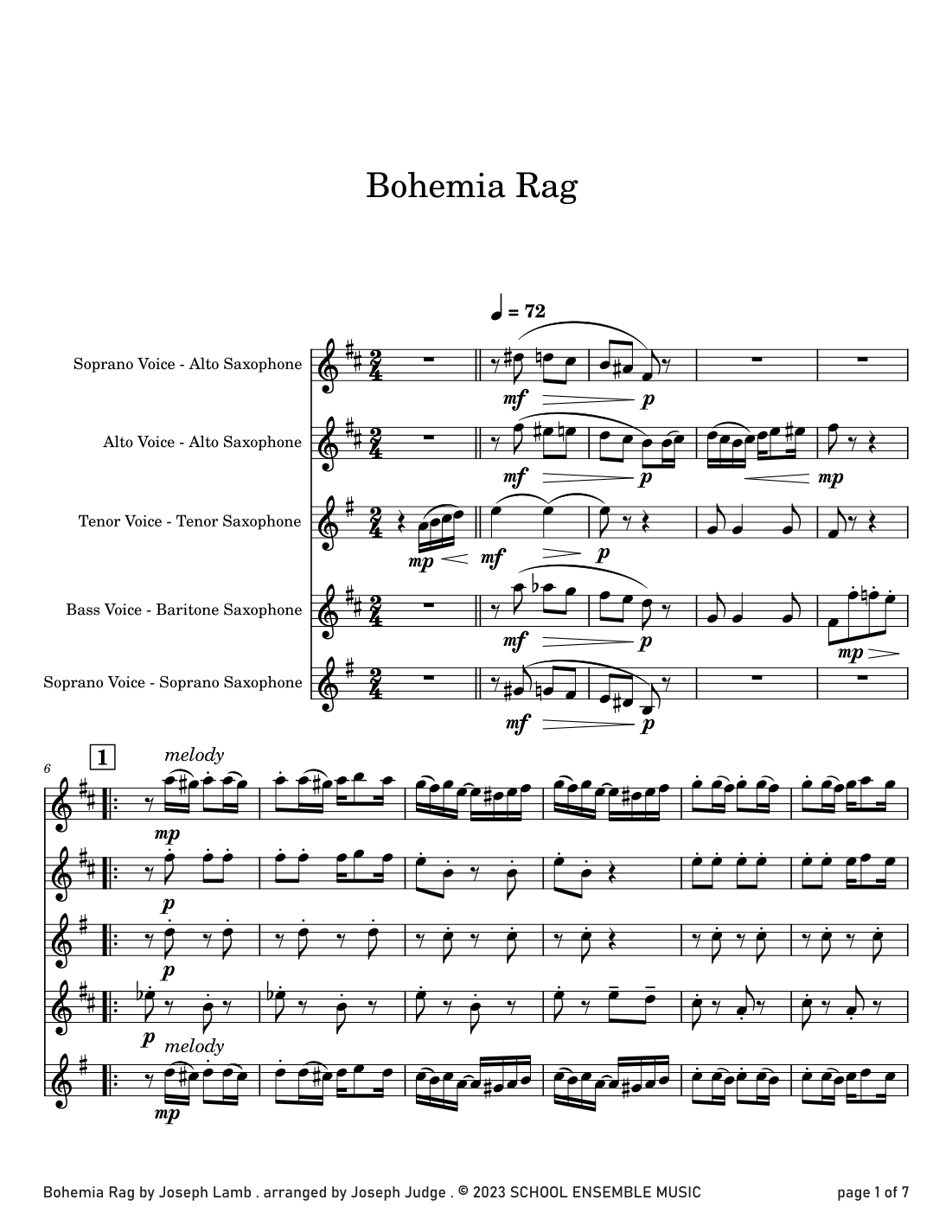 Bohemia Rag by Joseph Lamb for Saxophone Quartet in Schools (arr. Joseph Judge)