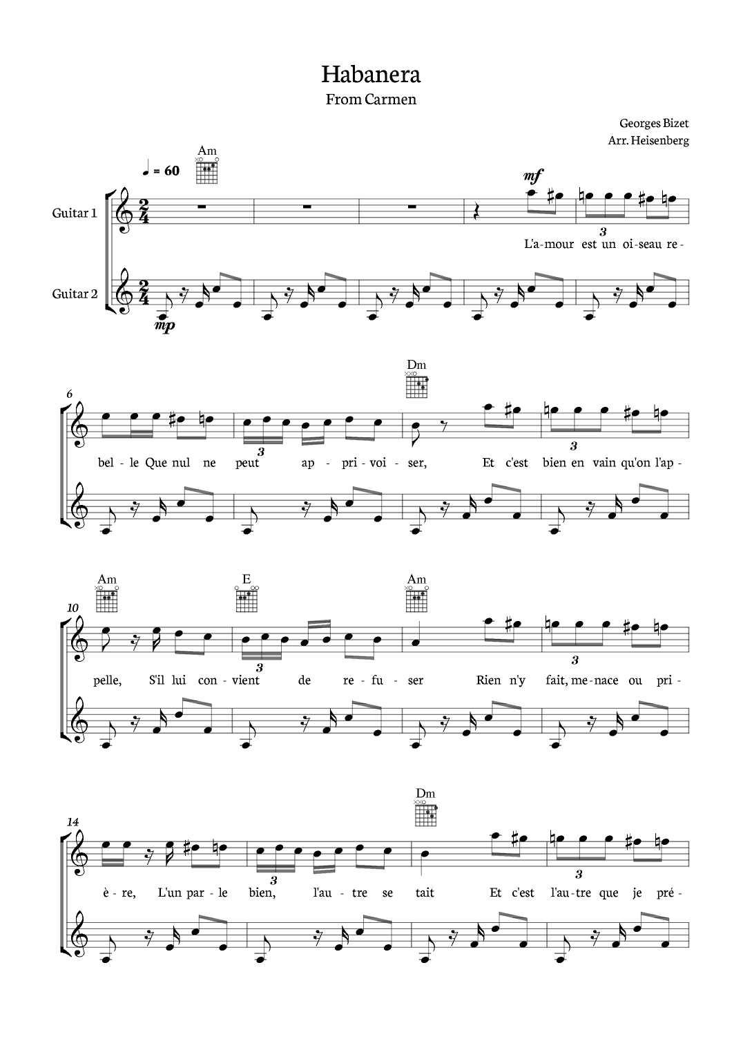 Habanera from Carmen for Guitar Duo with chords (arr. Heisenberg)