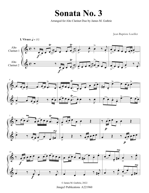 Loeillet: Sonata No. 3 for Alto Clarinet Duo (arr. James M. Guthrie)