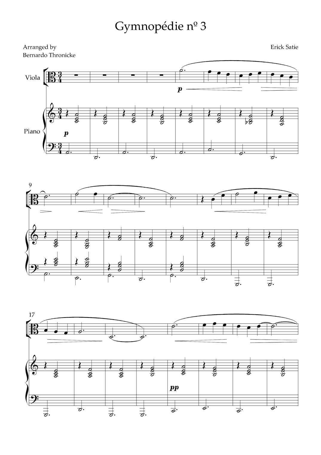 Gymnopédie nº 3 - For Viola and Piano (arr. Bernardo Thronicke)