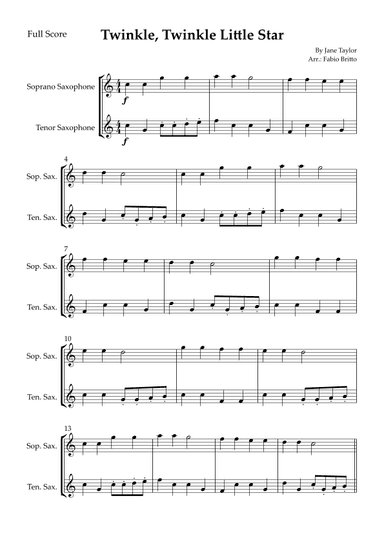 Twinkle, Twinkle Little Star for Soprano Saxophone & Tenor Saxophone Duo (arr. Fabio Britto)