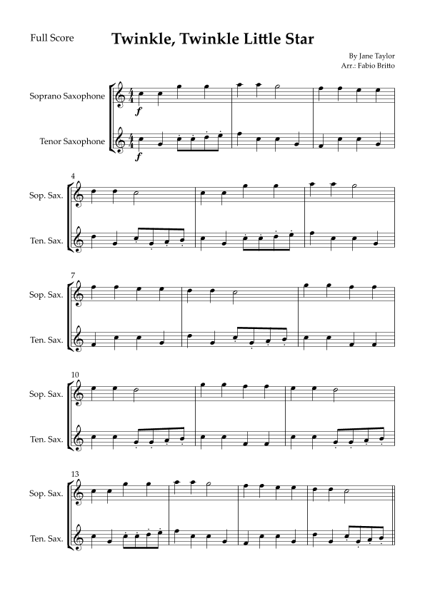 Twinkle, Twinkle Little Star for Soprano Saxophone & Tenor Saxophone Duo (arr. Fabio Britto)