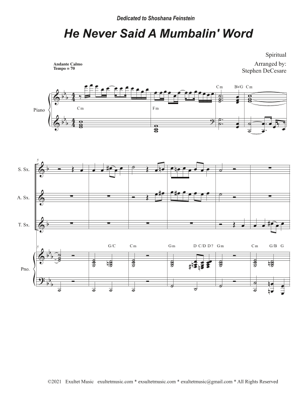 He Never Said A Mumbalin' Word (Saxophone Quartet and Piano) (arr. Stephen DeCesare)