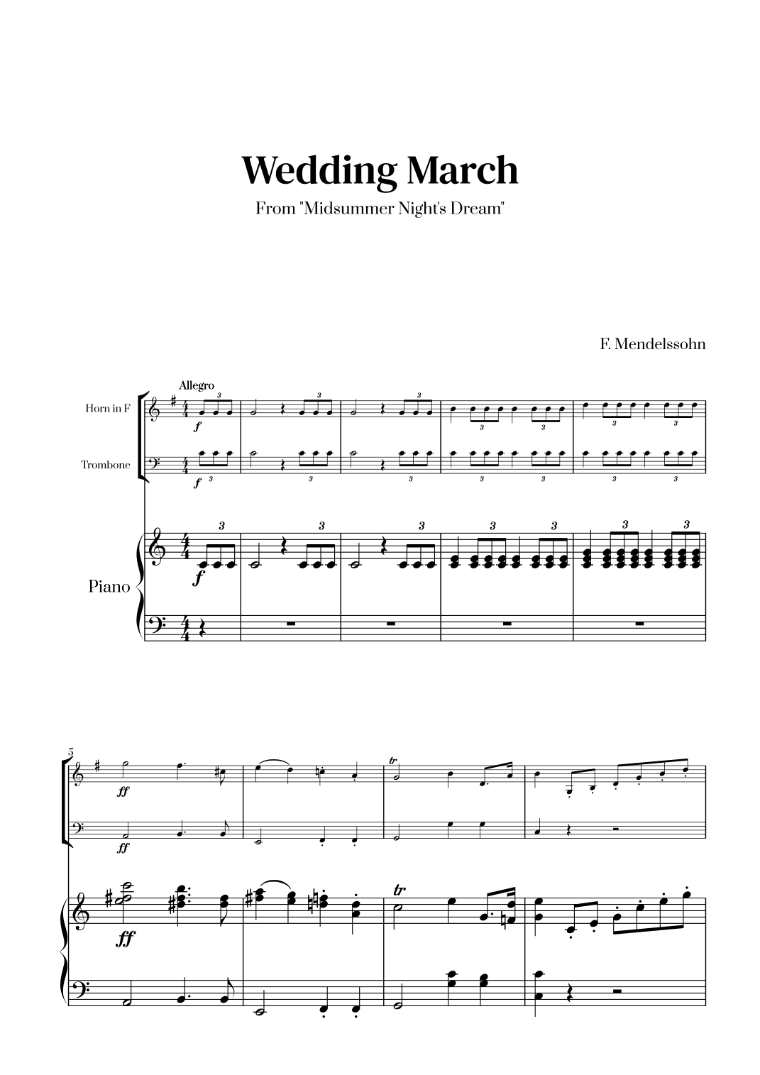 Felix Mendelssohn - Wedding March From Midsummer Night's Dream for French Horn, Trombone and Piano (arr. Cadenza Editions)
