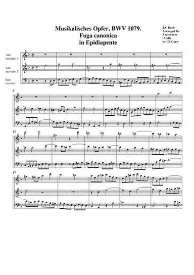 Fuga canonica in Epidiapente from Musikalisches Opfer, BWV 1079 (arrangement for 3 recorders) (arr. Gil Garty)