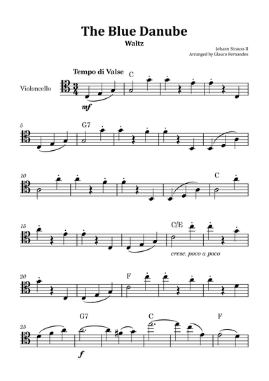 The Blue Danube - Cello Solo with Chord Notations (arr. Glauco Fernandes)