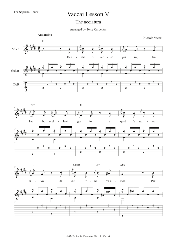 Vaccai-Lesson 5. The Acciatura.  For Tenor and Soprano voice with guitar (arr. Terry Carpenter)