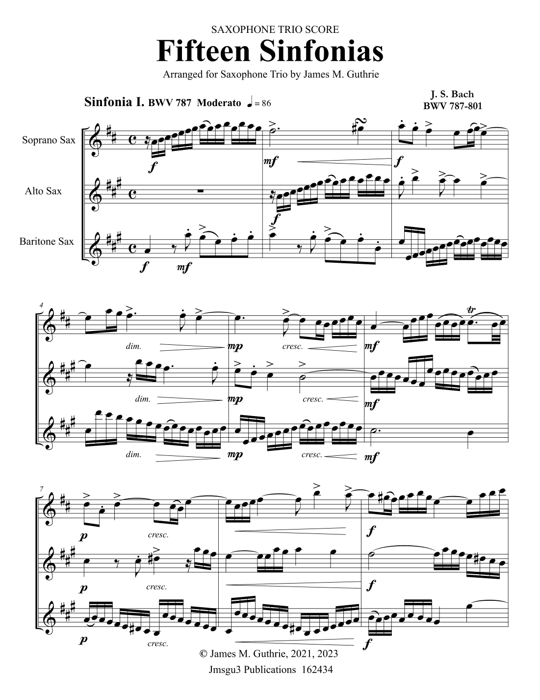 BACH: Fifteen Sinfonias BWV 787-801 for Sax Trio (arr. James M. Guthrie)