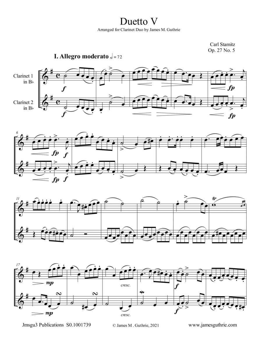 Stamitz: Duet Op. 27 No. 5 for Clarinet Duo (arr. James M. Guthrie)