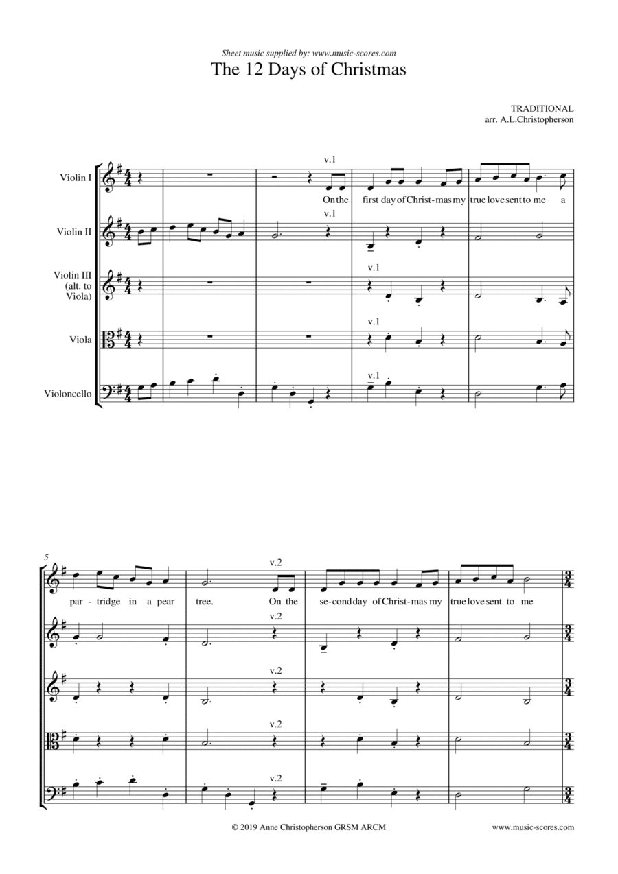 The 12 Days of Christmas - String Quartet (arr. Anne L Christopherson GRSM ARCM)