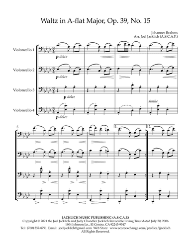 Waltz in A-flat major, Op. 39, No. 15 (for Cello Quartet) (arr. Joel Jacklich (A.S.C.A.P.))